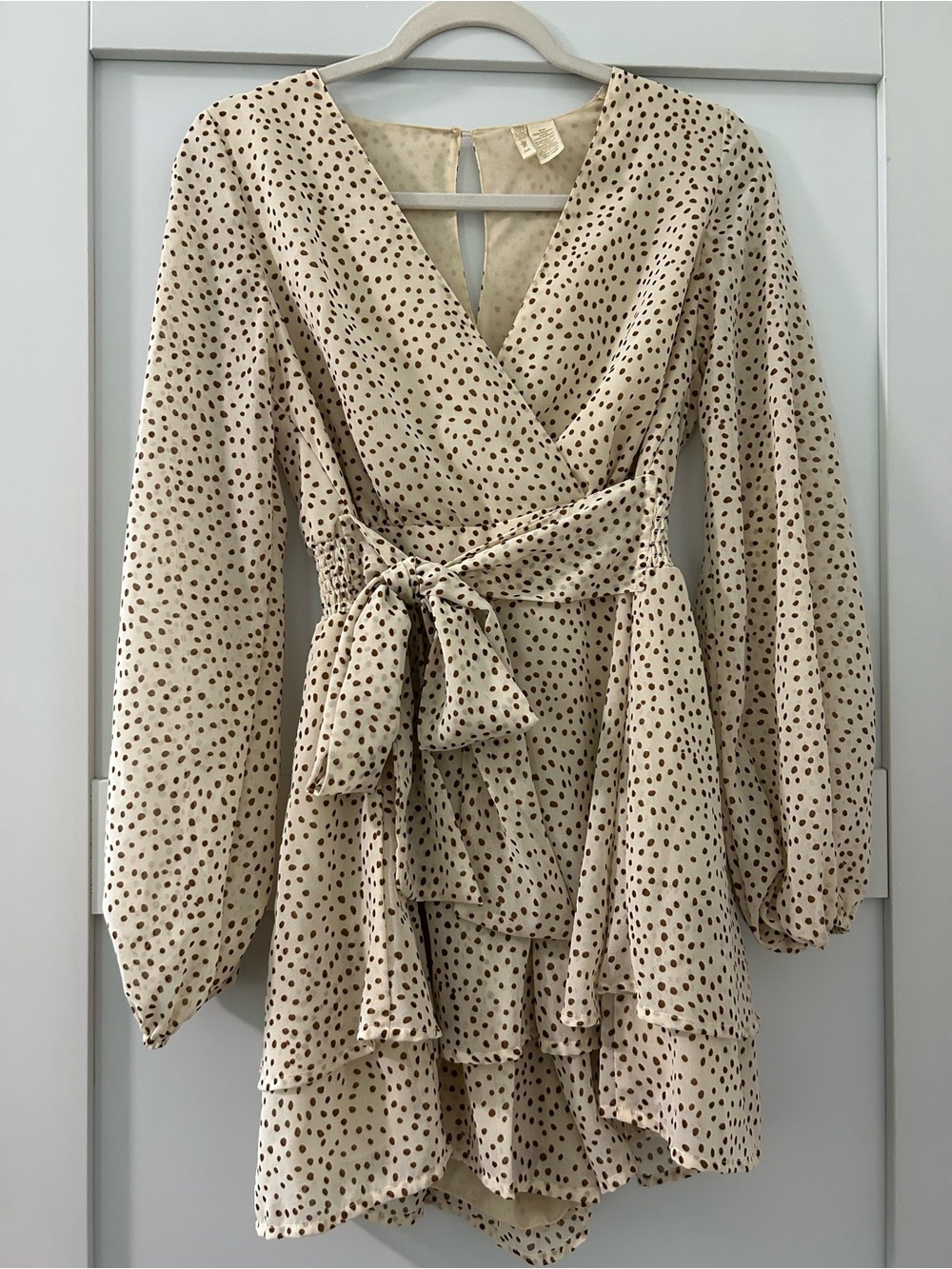 Beige Polka Dot Wrap Romper with Tie Waist